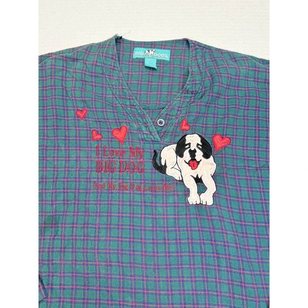 Vintage Big Dogs Flannel Nightgown Sleep Shirt Pajamas S/M Dog Plaid